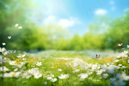 Beautiful blurred spring background nature with blooming glade, trees and blue sky on a sunny day. generative ai. © SEUNGJIN