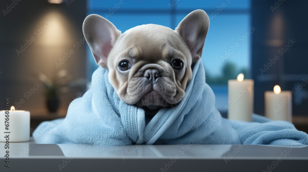 Puppy Frenchie Bulldog Blue Sleeping Bathrobe, Desktop Wallpaper Backgrounds, Background HD For Designer