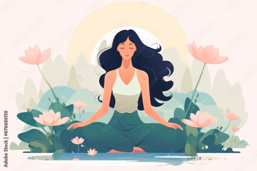 illustration oa a  woman practicing yoga and meditation in lotus pose with lotus flowers,