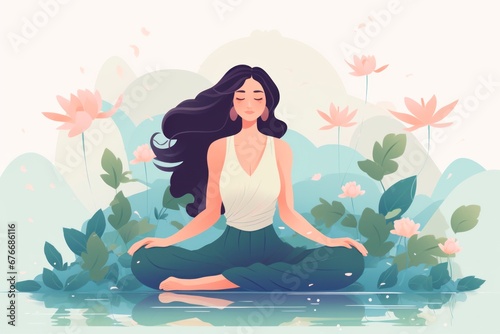 illustration oa a woman practicing yoga and meditation in lotus pose with lotus flowers,