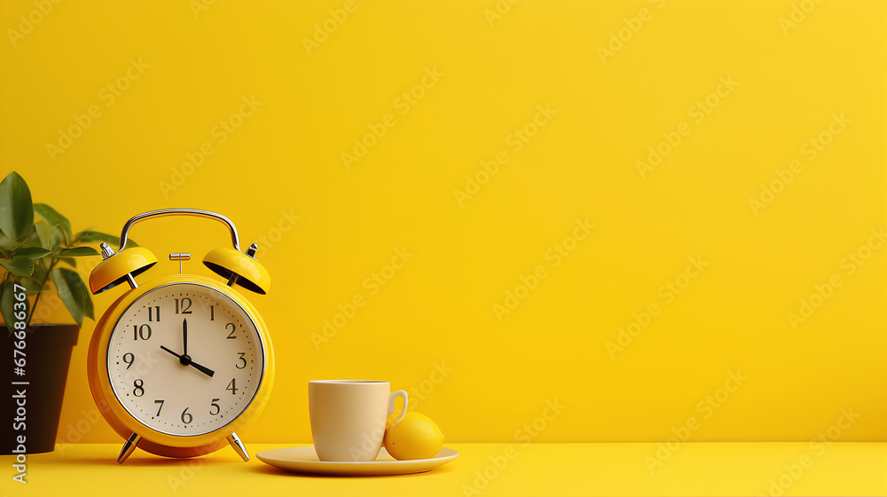 yellow alarm clock and cup of coffee - obrazy, fototapety, plakaty 