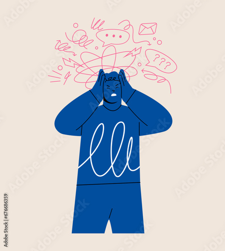 Stressed man with hands on his head with doodle abstract elements on background. Colorful vector illustration