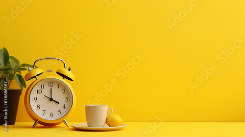 yellow alarm clock and cup of coffee photo