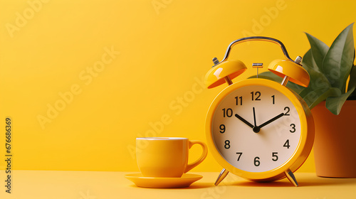 yellow alarm clock on a bright tropical yellow surface and yellow background