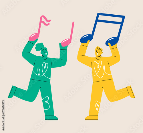 Woman and man holding note in hands. Musical festival concert. Colorful vector illustration