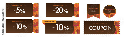 Thanksgivingセールに使える茶色と紅葉のクーポンベクターアイコンデザインセット2