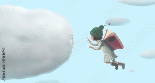 Book, imagination, education, dream and child conceptual art. a girl and a cloud.