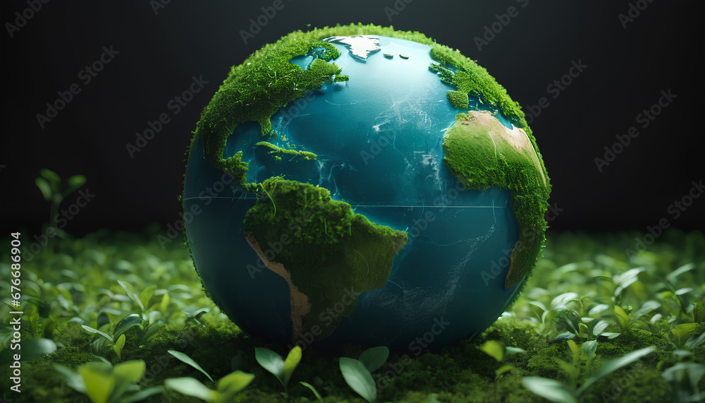 World environment and Earth Day concept with a green globe. An eco-friendly and symbolic representation emphasizing importance of environmental consciousness and global sustainability, Generative AI