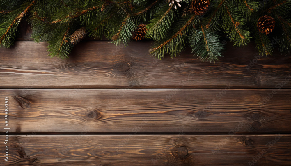 Christmas fir tree with decoration on dark wooden background. Festive greeting card with space for text. Top view, flat lay. Christmas fir tree with decoration on dark wooden background. Festive greeting card with space for text. Top view, flat lay.