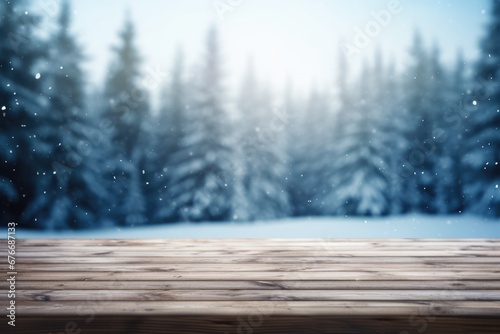 Empty table in beautiful winter landscape, wood plank board in snow mountain outdoor comeliness © Summit Art Creations