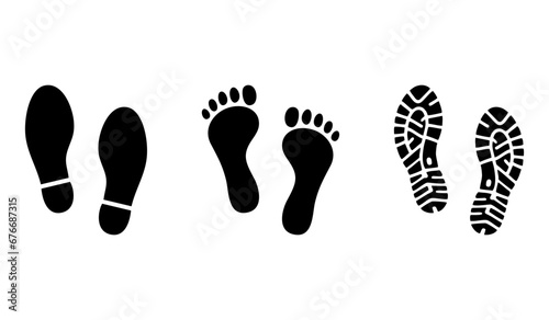 Collection of footprints shoes human walking and shoe sole feet footsteps people. Footsteps icon or sign for print isolated on white background. Vector illustration