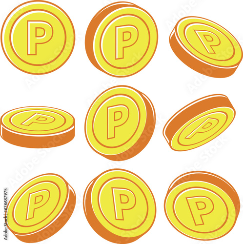 角度違いのPマークのついたポイントコイン