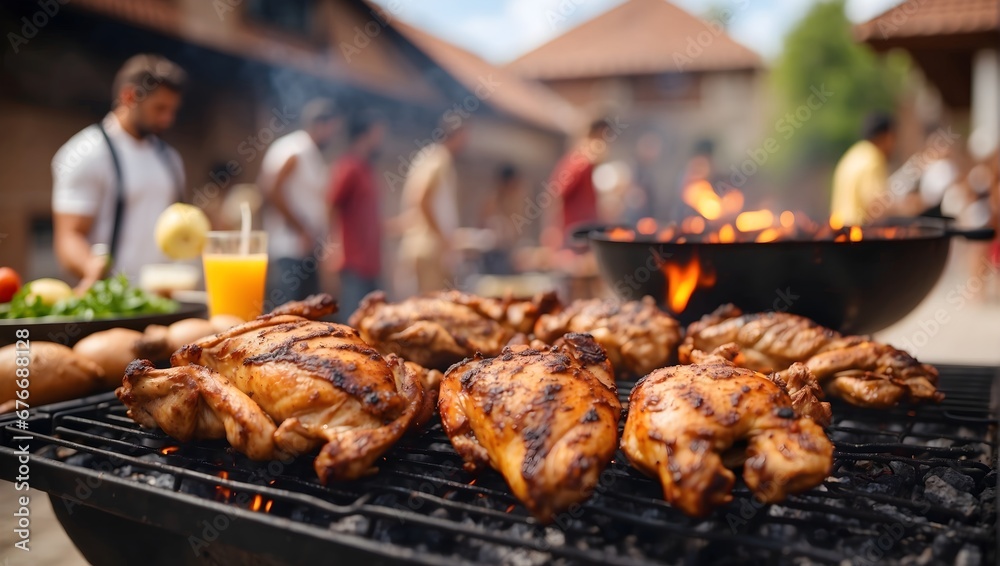photos of a barbecue with meat in the background of a blurred group of people