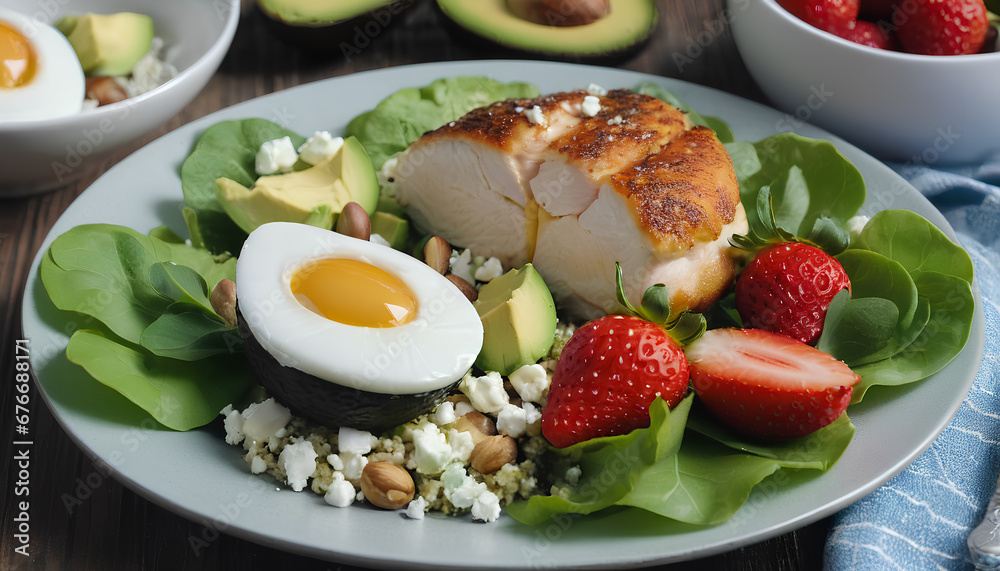 Ketogenic diet food featuring chicken fillet, quinoa, avocado, feta cheese, quail eggs, strawberries, nuts, and lettuce. A low-carb combination designed for those following a ketogenic. Generative AI