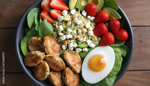 Ketogenic diet food featuring chicken fillet, quinoa, avocado, feta cheese, quail eggs, strawberries, nuts, and lettuce. A low-carb combination designed for those following a ketogenic. Generative AI