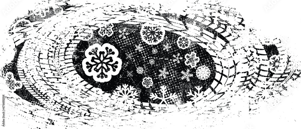 Vector Print Textured Tire Track banner with snowflakes. Design Element . Winter car tread silhouette . Mud splash grunge texture with tyre track . Drift show Vector Print Textured Tire Track banner with snowflakes. Design Element . Winter car tread silhouette . Mud splash grunge texture with tyre track . Drift show