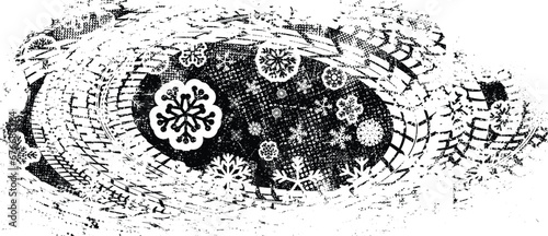 Vector Print Textured Tire Track banner with snowflakes. Design Element . Winter car tread silhouette . Mud splash grunge texture with tyre track . Drift show