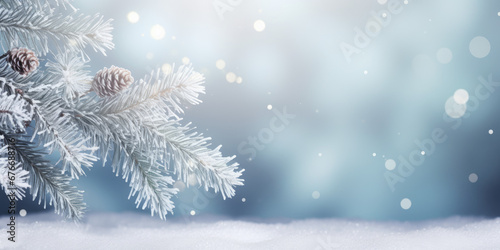 Beautiful winter background image of frosted spruce branches and small drifts of pure snow with bokeh Christmas lights and space for text. © Sri