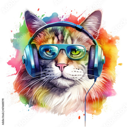 Dj cat with headphones and sunglasses Illustration, Generative Ai © Creative Artist