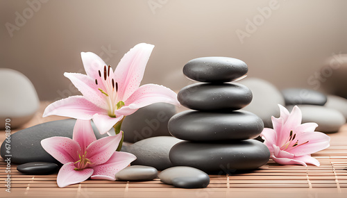  Lily and spa stones in zen garden. Stack of spa massage stones with pink flowers. copy space
