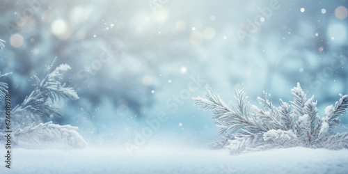 Beautiful winter background image of frosted spruce branches and small drifts of pure snow with bokeh Christmas lights and space for text. © Sri