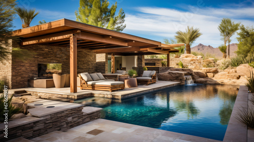 A desert backyard with a pebble tech pool
