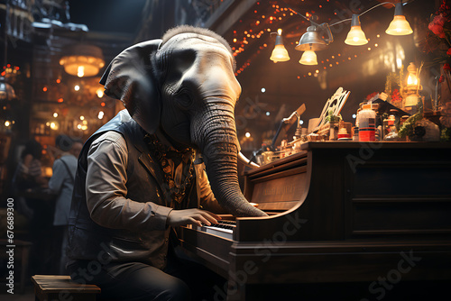 elephant at night Party  Elephant Playing Piano  Fantasy Realism  Elephant Playing Grand Piano in Concert Hall