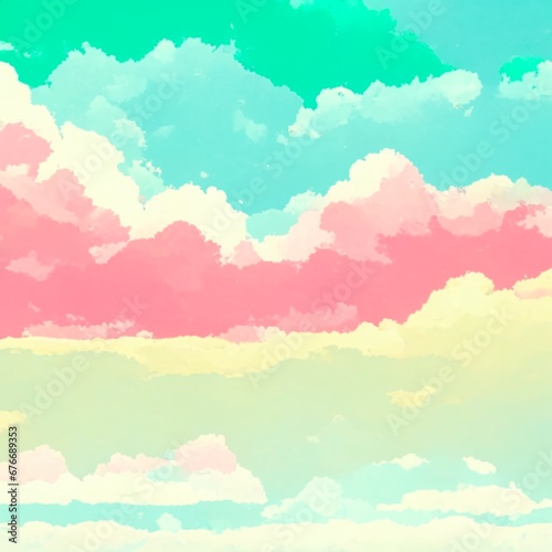 The image shows a soft, pastel-colored sky with fluffy clouds in shades of pink, blue, and yellow, resembling a dreamy sunrise.