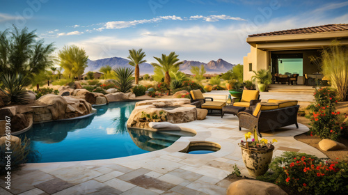 A desert backyard with a pebble tech pool