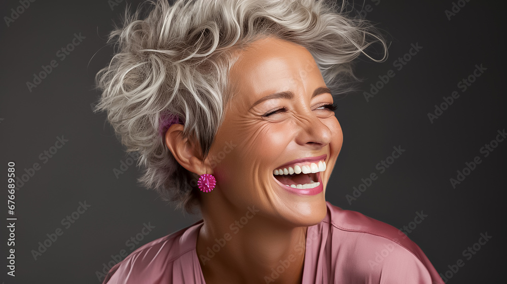 a closeup photo portrait of a beautiful elderly senior model woman with short grey hair laughing and smiling with clean teeth. used for a dental ad. isolated on white background a closeup photo portrait of a beautiful elderly senior model woman with short grey hair laughing and smiling with clean teeth. used for a dental ad. isolated on white background