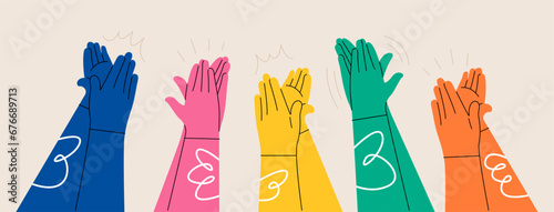 Hands of various people applauding. Cheering, ovation, applauding concept. Colorful vector illustration