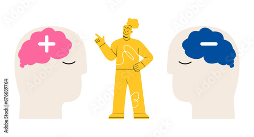 Woman choosing positive mind with good vibes for great life. Positive and Negative thinking. Colorful vector illustration
