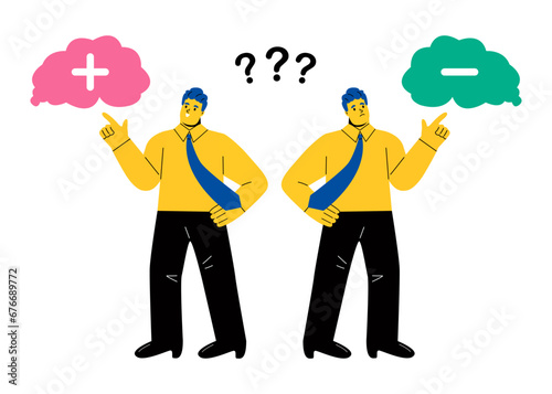 Business man making choosing decisions Positive and negative thoughts. Comparison concept. Pros and cons with two choices. Flat vector illustration isolated on white background