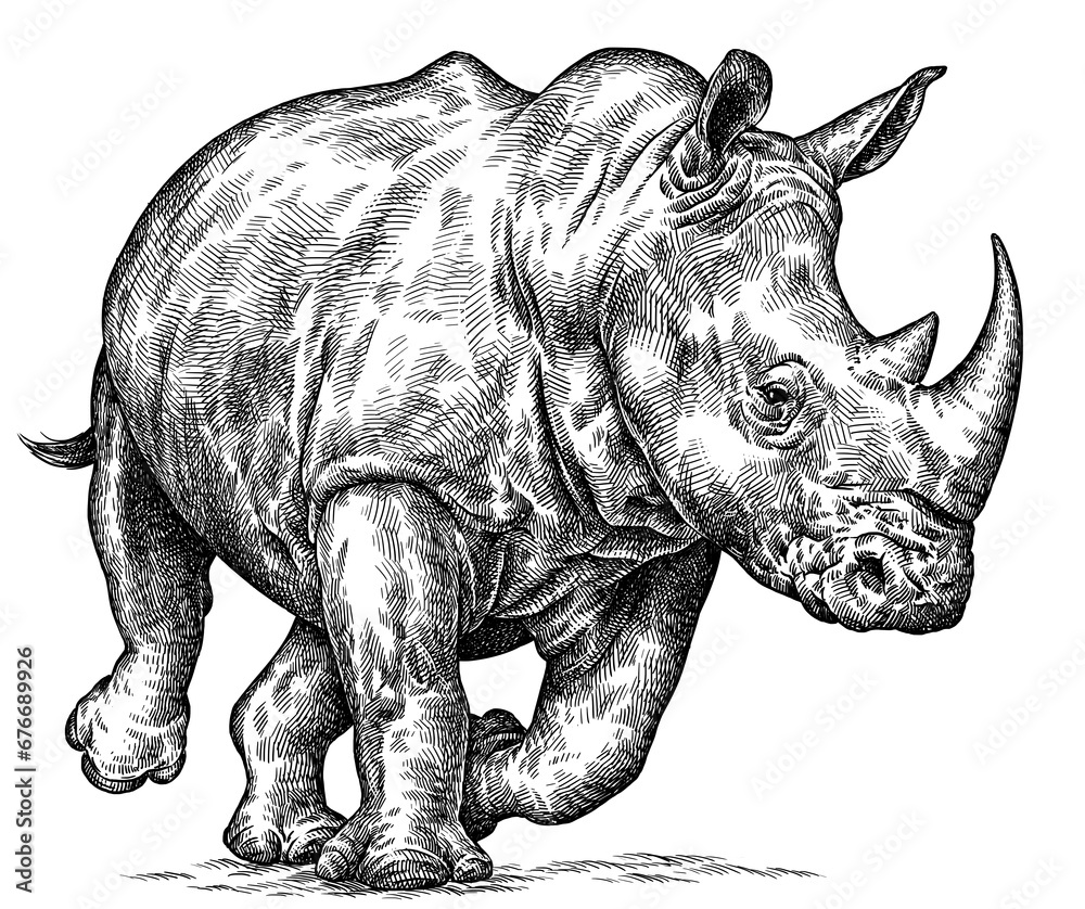 Fototapeta premium Vintage engraving isolated rhinoceros set illustration ink sketch. Africa background rhino silhouette art. Black and white hand drawn image