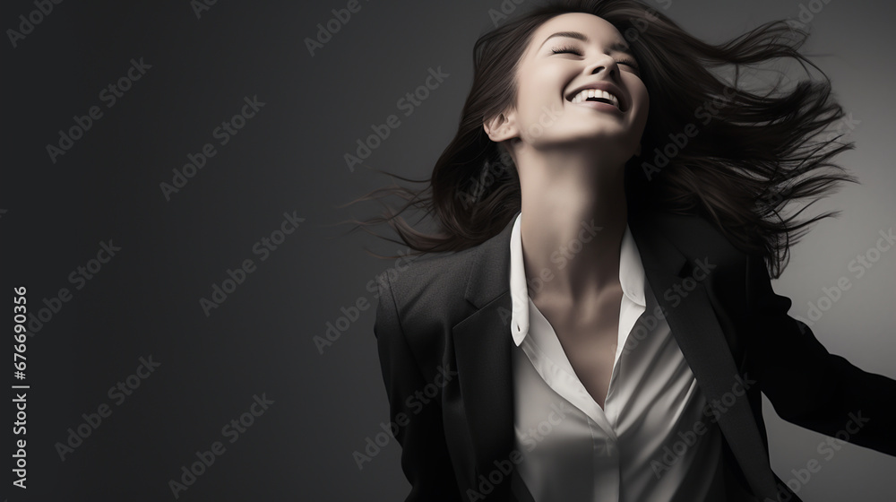 Portrait of a happy businesswoman on a dark gray background. Portrait of a happy businesswoman on a dark gray background.