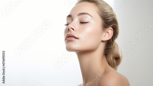 Image of woman closing her eyes on a white background.