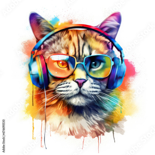 Dj cat with headphones and sunglasses Illustration, Generative Ai