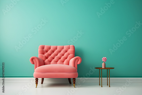 Pink armchair on colorful green wall background electric retro interior © YasumiHouse