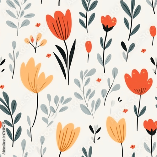 Seamless pattern with hand drawn flowers. Vector floral background.