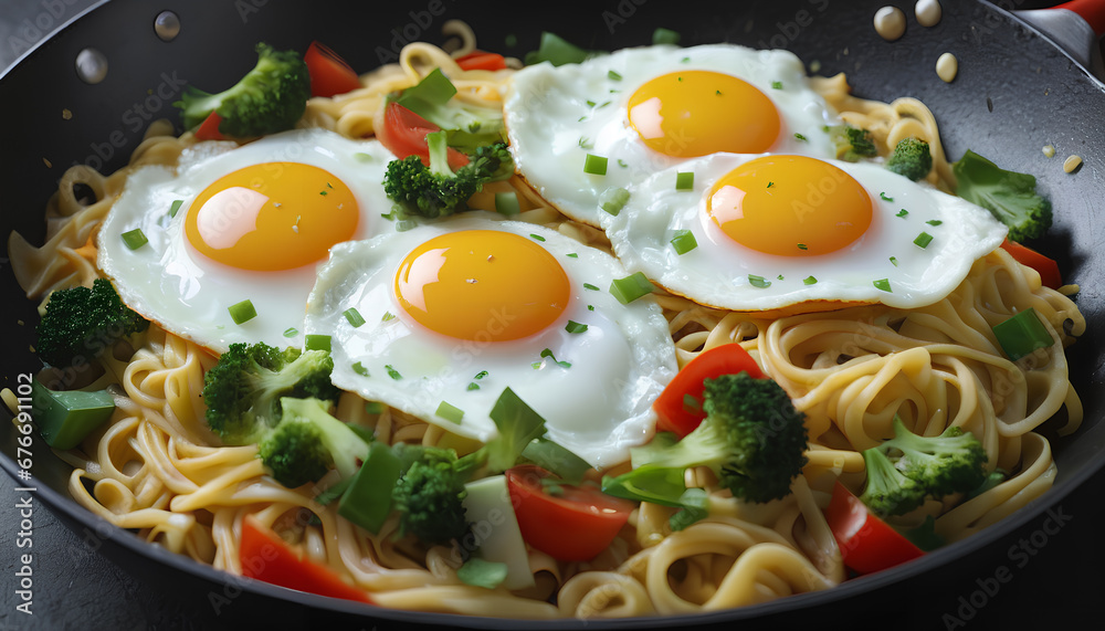 A savory and wholesome combination of eggs, noodles, and vibrant vegetables, all cooked to perfection in a single pan, Fried eggs on noodles with fresh vegetables in a frying pan. Generative AI. A savory and wholesome combination of eggs, noodles, and vibrant vegetables, all cooked to perfection in a single pan, Fried eggs on noodles with fresh vegetables in a frying pan. Generative AI.