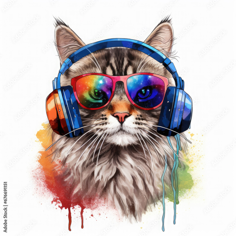 Dj cat with headphones and sunglasses Illustration, Generative Ai
