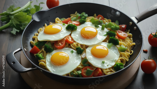 A savory and wholesome combination of eggs, noodles, and vibrant vegetables, all cooked to perfection in a single pan, Fried eggs on noodles with fresh vegetables in a frying pan. Generative AI.