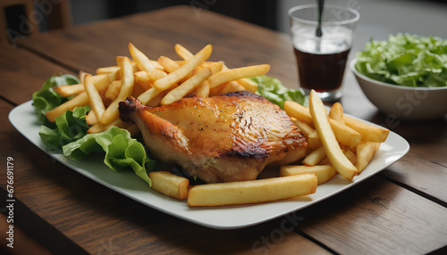 Roasted chicken thigh served with a side of golden French fries. A classic and mouthwatering pairing that combines the succulence of roasted chicken with the crispy perfection of fries, Generative AI