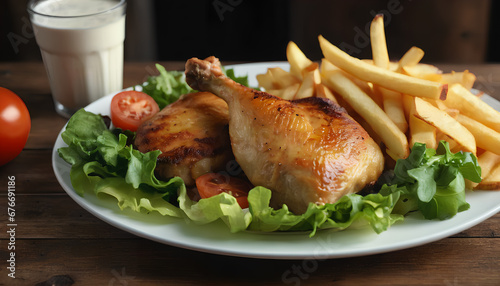 Roasted chicken thigh served with a side of golden French fries. A classic and mouthwatering pairing that combines the succulence of roasted chicken with the crispy perfection of fries, Generative AI