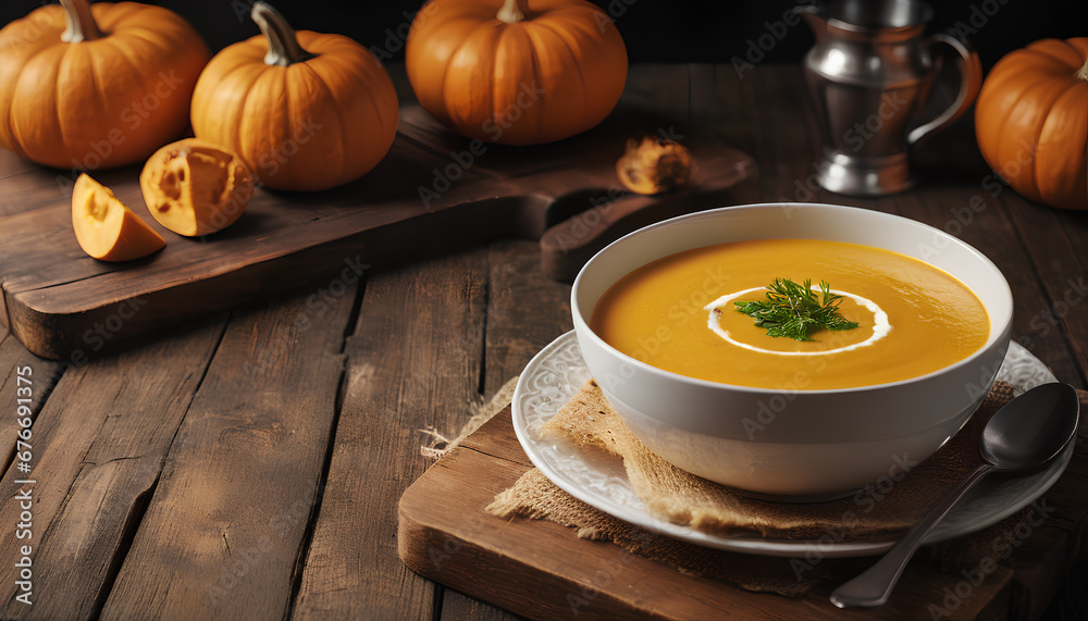 Pumpkin cream soup. A velvety and comforting blend capturing the essence of autumn in each spoonful, Generative AI. Pumpkin cream soup. A velvety and comforting blend capturing the essence of autumn in each spoonful, Generative AI.