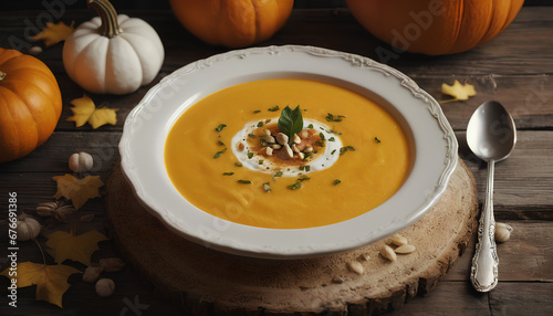 Pumpkin cream soup. A velvety and comforting blend capturing the essence of autumn in each spoonful, Generative AI.