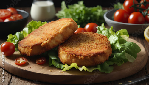 
Breaded meat on a plate. Salad. A satisfying meal featuring breaded meat accompanied by a fresh and vibrant salad, Generative AI.