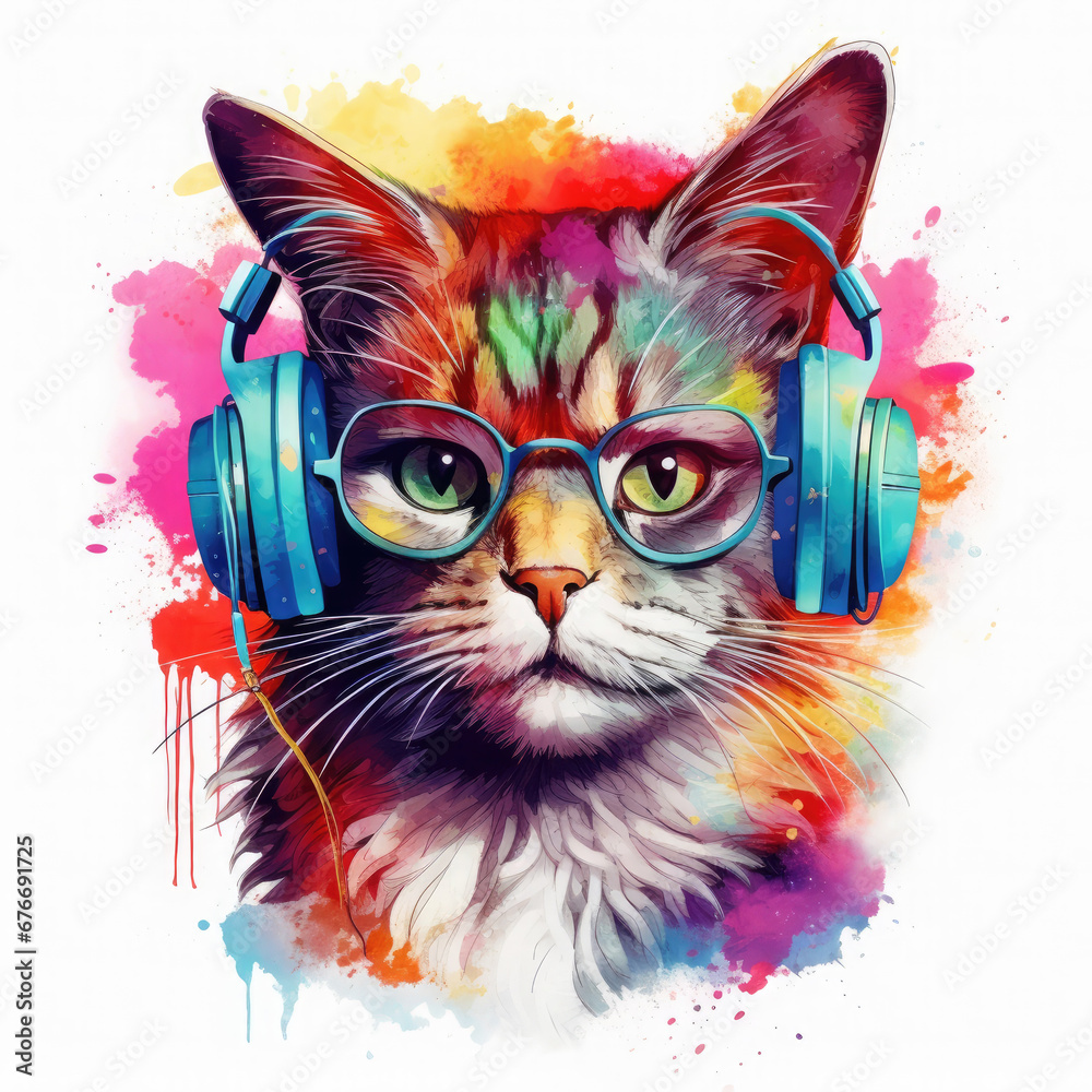 Dj cat with headphones and sunglasses Illustration, Generative Ai Dj cat with headphones and sunglasses Illustration, Generative Ai