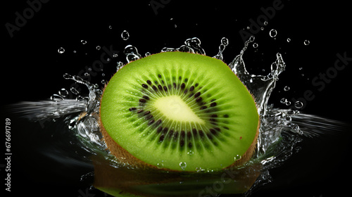 A kiwi fruit with water splashing