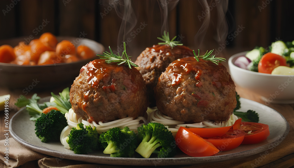 Steamed big meatballs served with a side of fresh vegetables. generative AI. Steamed big meatballs served with a side of fresh vegetables. generative AI.